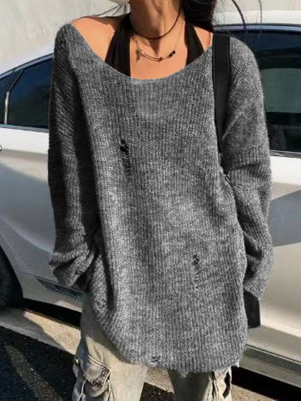 Cutout Tattered Baggy Thin Long Sleeve Knit