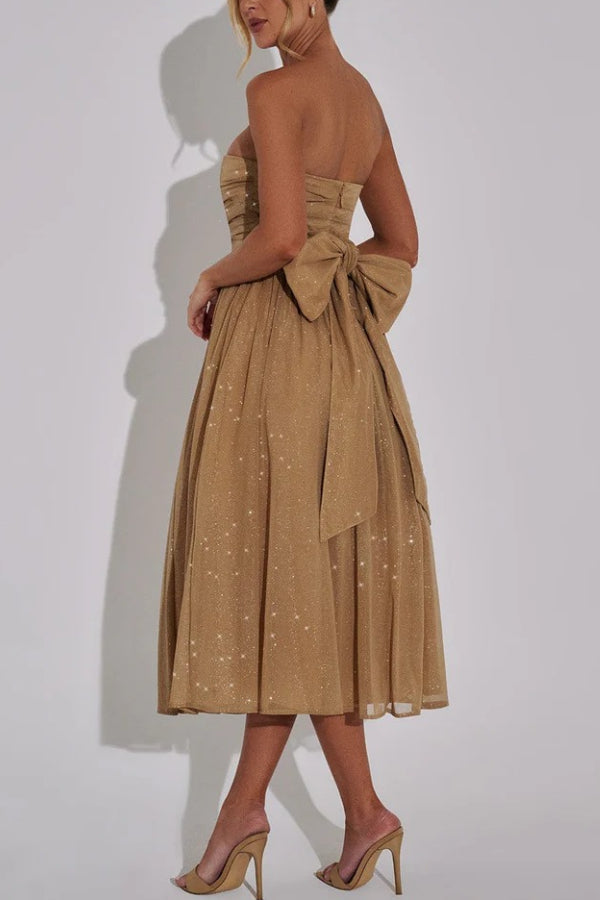 Glitter Mesh Strapless Ruched Fit-and-Flare Pocket Midi Dress