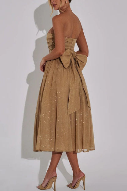 Glitter Mesh Strapless Ruched Fit-and-Flare Pocket Midi Dress