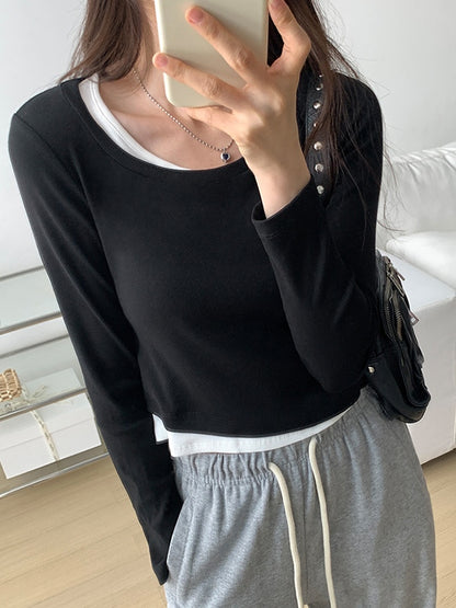 Contrast Color Fake Two Piece Long Sleeve Knit