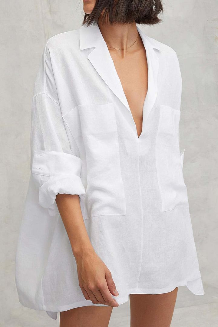 Oversized Deep V-Neck Patch Pocket Linen Shirt Mini Dress