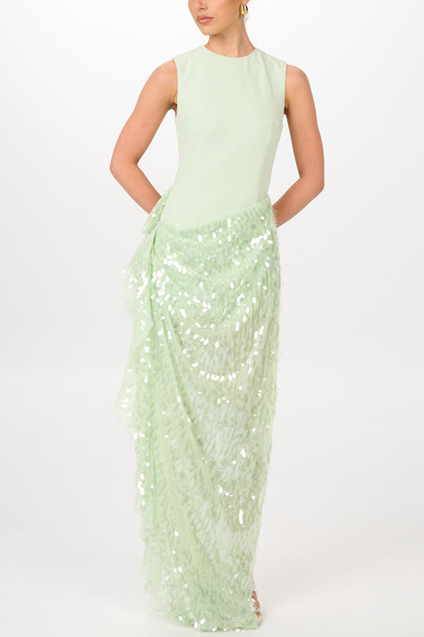 Unspoken Glamour Crepe and Fish Scale Sequins Ruffle Ruched Drape Maxi Dress