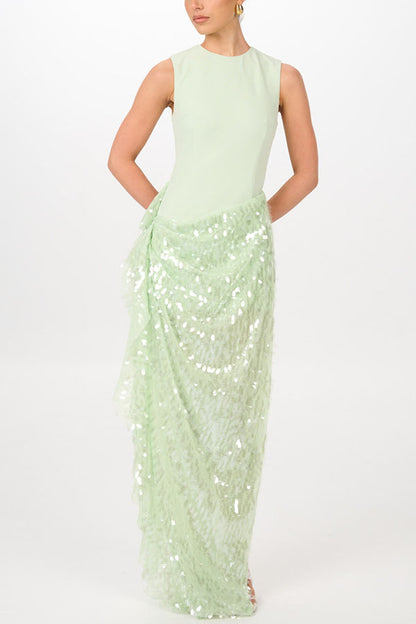 Unspoken Glamour Crepe and Fish Scale Sequins Ruffle Ruched Drape Maxi Dress