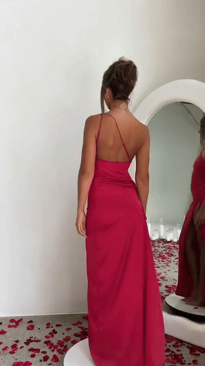 Satin One-Shoulder Ruched Thigh Slit Column Maxi Gown