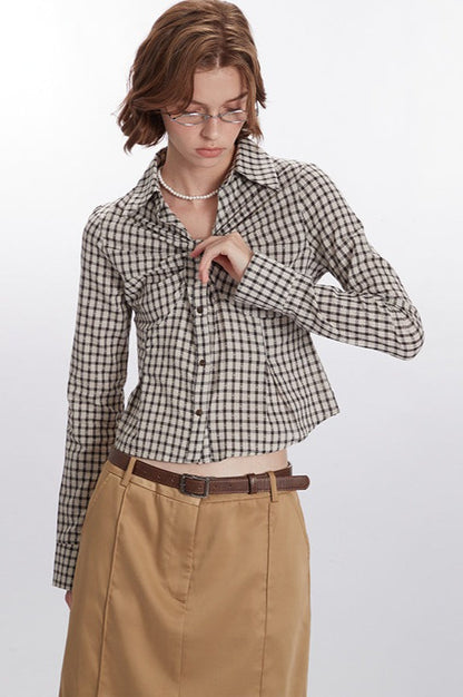 Plaid Ruched Long-Sleeve Blouse