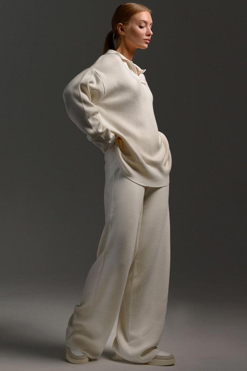 | Polo Collar Knit Pullover and Wide-Leg Pants Set