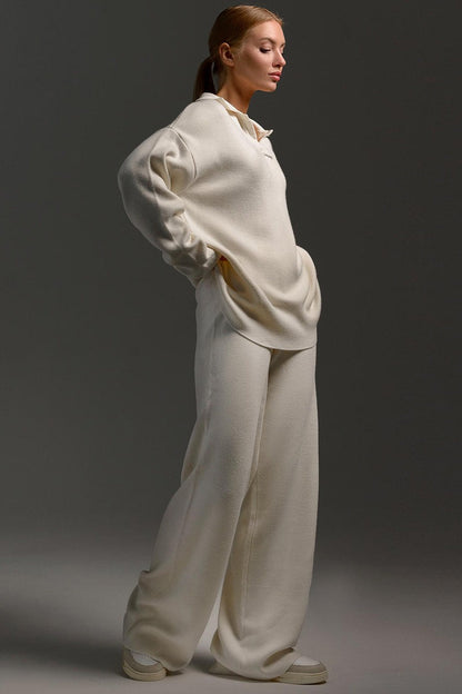| Polo Collar Knit Pullover and Wide-Leg Pants Set