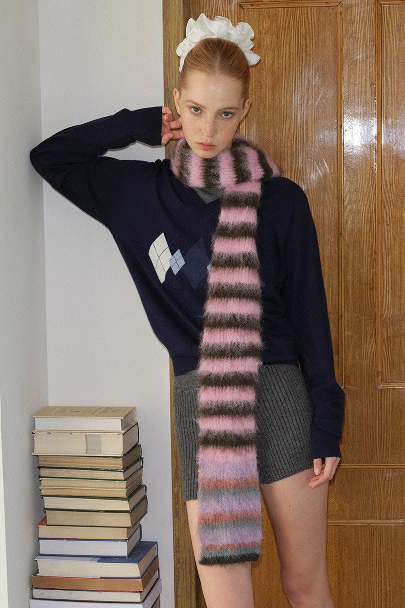 Contrast Striped Narrow Soft Wool Blend Knitted Scarf