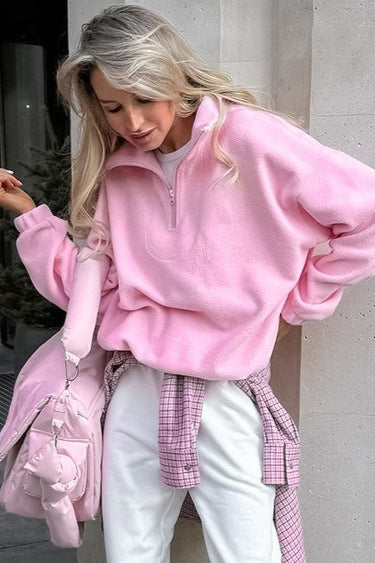 Women's Pink Sherpa Collared Oversized Hoodie