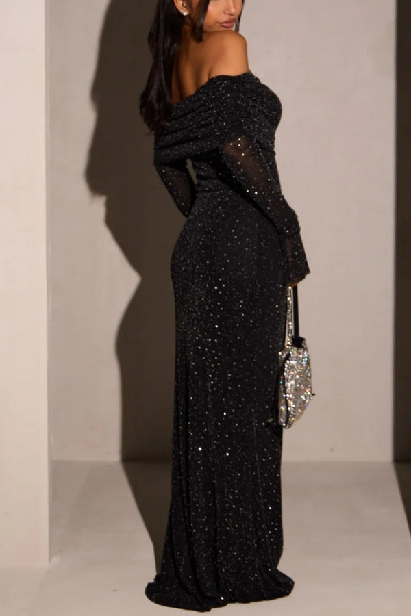 Sequin Off Shoulder Long Sleeve Ruched Bodycon Maxi Gown