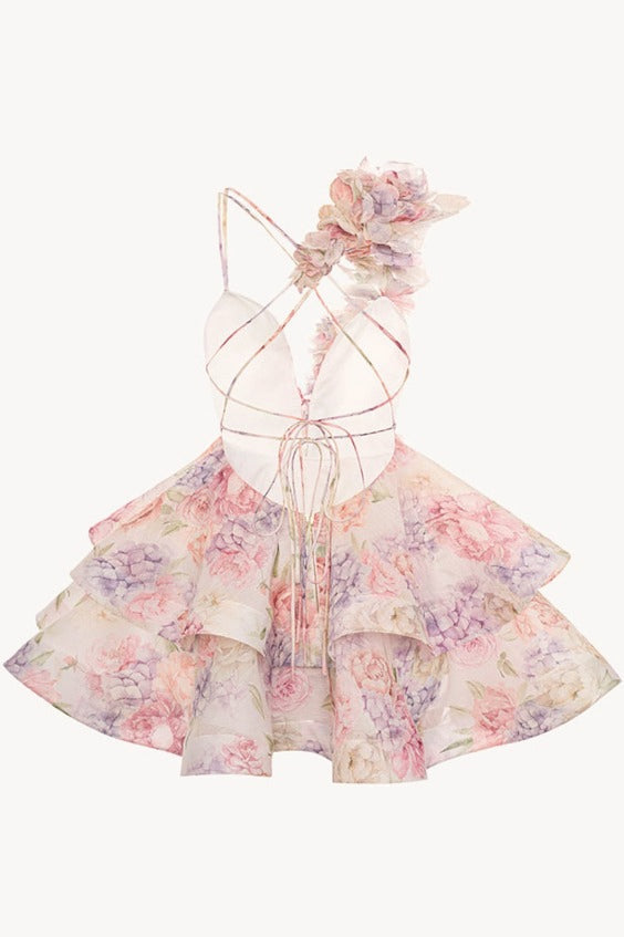 Floral Print Plunging V-Neck One-Shoulder Ruffle Tiered Mini Dress