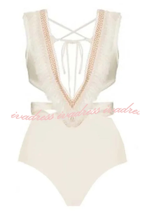 Sexy Deep V Hollow Backless Strappy One-piece Bikini Swimsuit