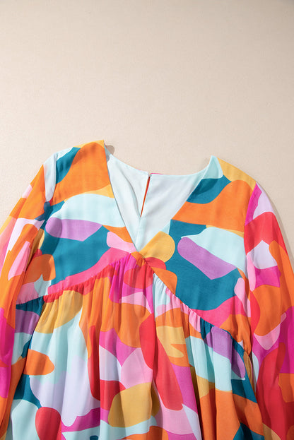 Abstract Geometric Print Deep V-Neck Bell Sleeve Tiered Ruffle Mini Dress