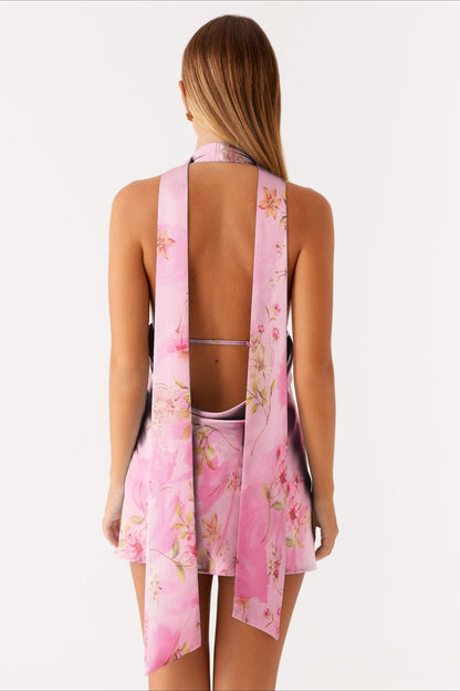 Watercolor Floral Print Halter Scarf-Neck Cutout Mini Dress