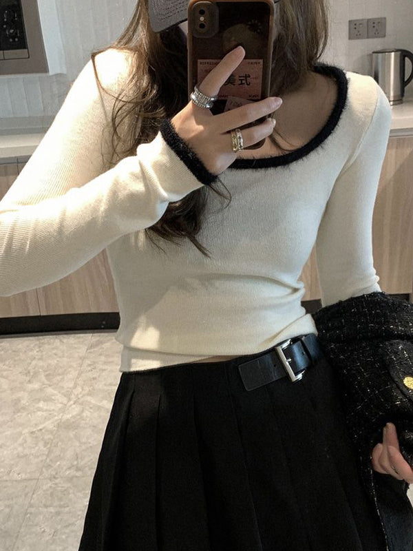 Plush Trim Splice Square Neck Slim Long Sleeve Knit