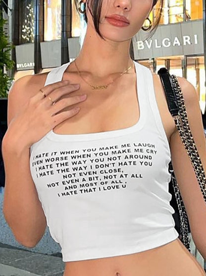 Letter Print Navel Bare Slim Fit Short Tank Top