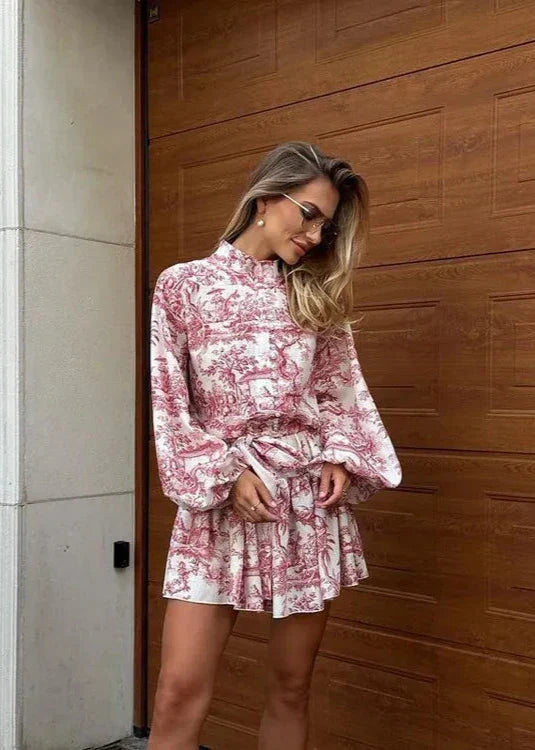 Toile Print Mandarin Collar Puff Sleeve Tie Waist A-Line Mini Dress