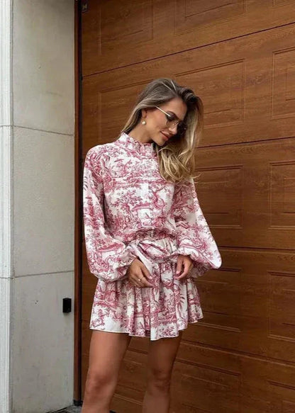 Toile Print Mandarin Collar Puff Sleeve Tie Waist A-Line Mini Dress