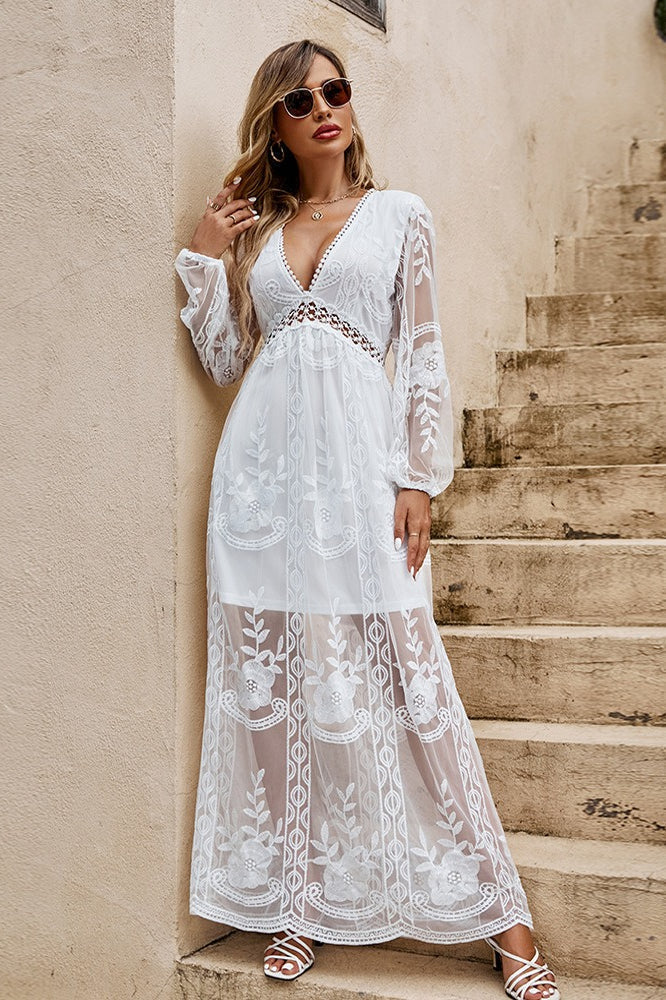Floral Embroidered Mesh Bishop Sleeve V-Neck Empire Waist Boho Maxi Dress