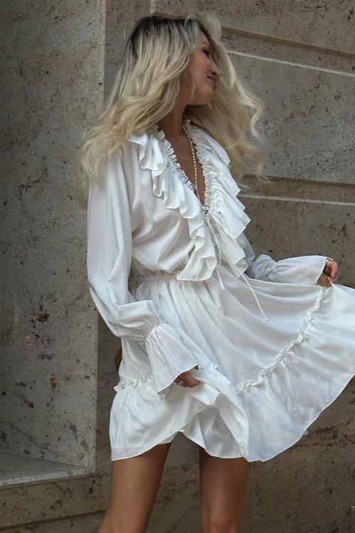 Ruffled Deep V-Neck Bell Sleeve Drawstring Waist Tiered Mini Dress