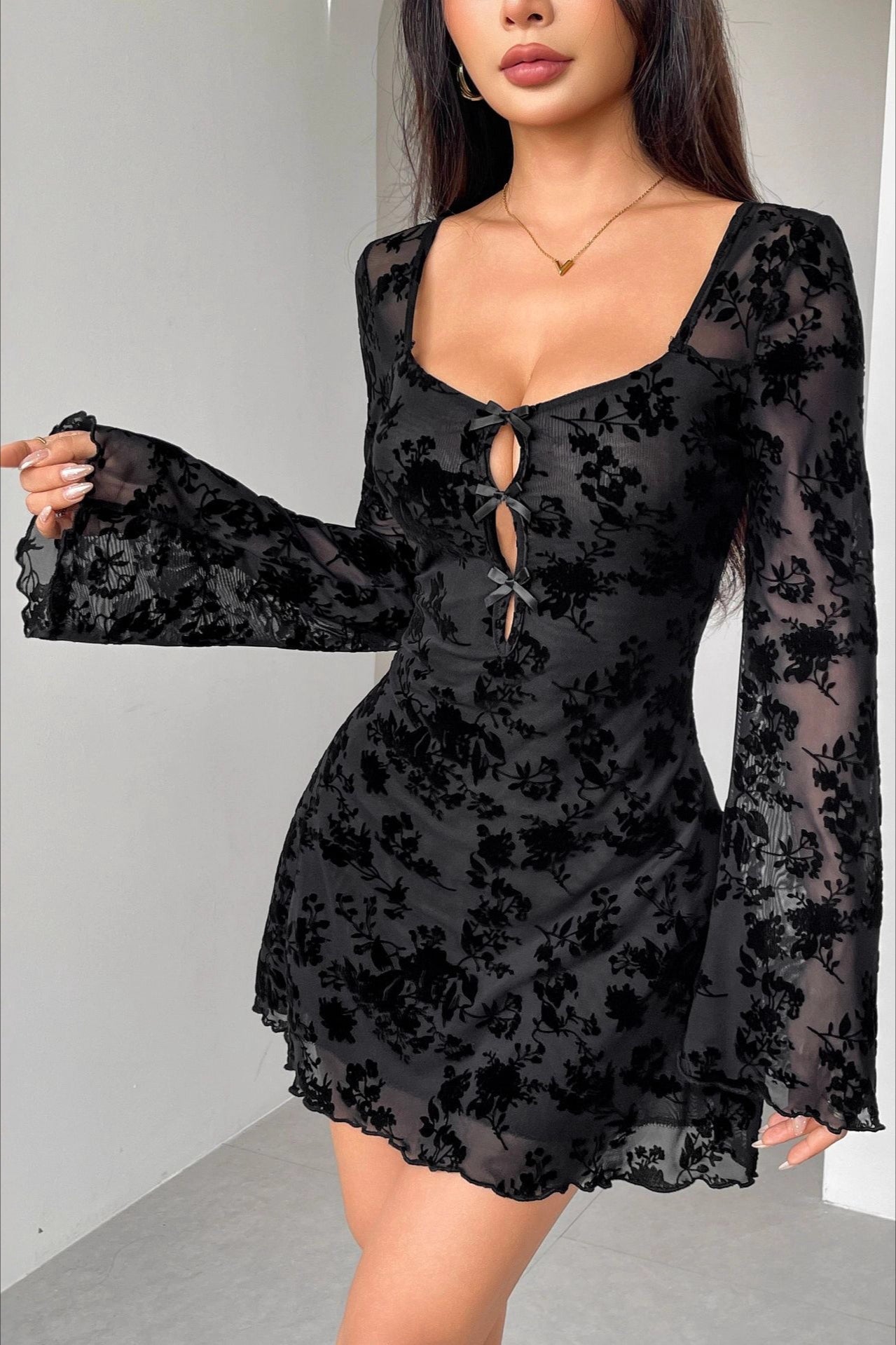 Flocked Floral Mesh Bell Sleeve Keyhole Bow Front Bodycon Mini Dress