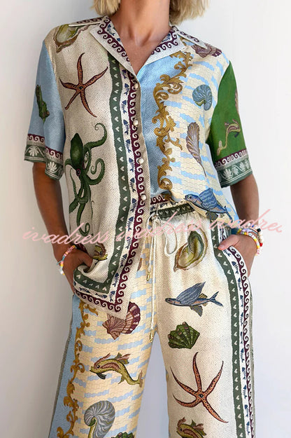 Deep Sea Dreaming Satin Unique Print Short Sleeve Shirt and Elastic Waist Pocketed Pants Set