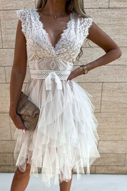 Lace V-Neck Flutter Cap Sleeve Bow Waist Tiered Tulle Ruffle Mini Dress