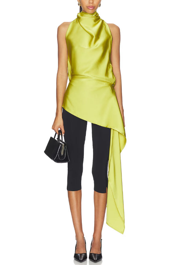 Misty Aura Satin Halter Tie-up Neck Open Back Drape Hem Top