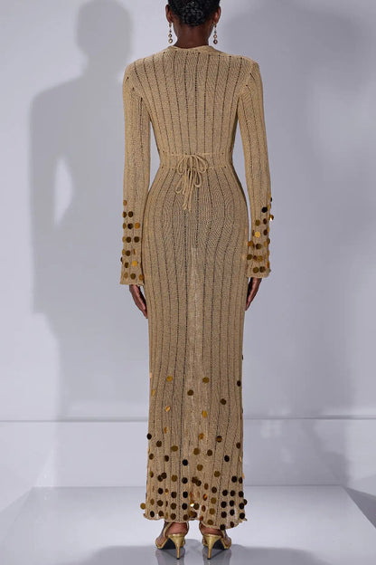 Stylish V-neck Flared Long-sleeved Knit Sequined Maxi Dress