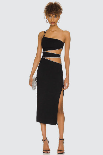 Asymmetric Spaghetti Strap Rhinestone Trim Waist Cutout Side Slit Midi Dress