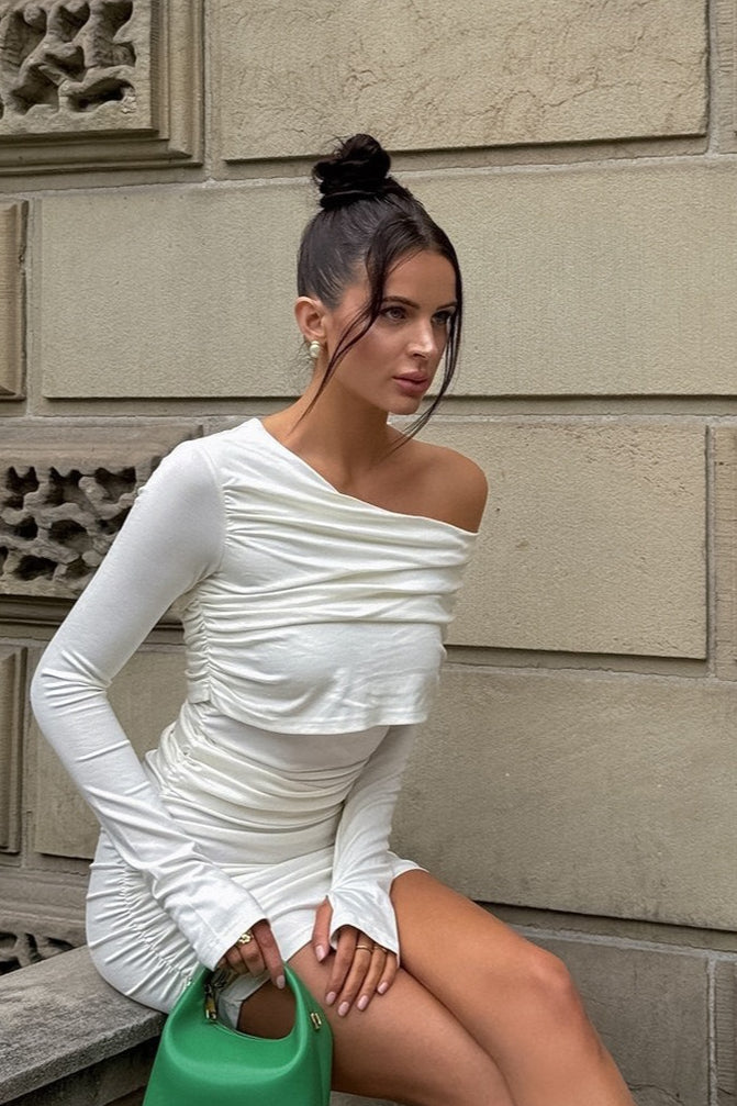 One Shoulder Long Sleeve Side Ruched Bodycon Mini Dress