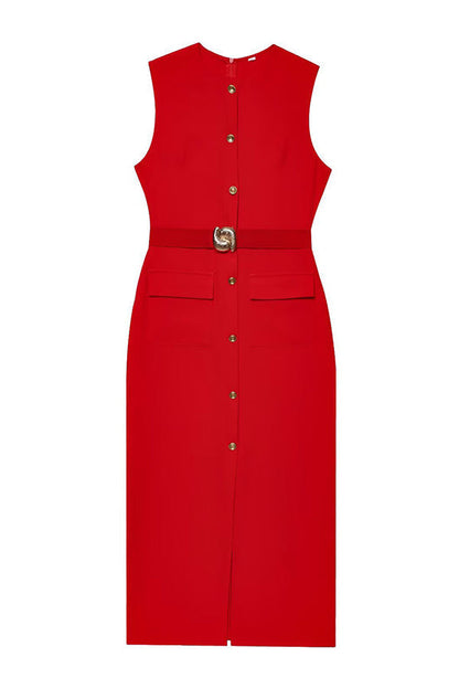 Danina Button Up Sleeveless Metal Belted Pocket Stretch Midi Dress