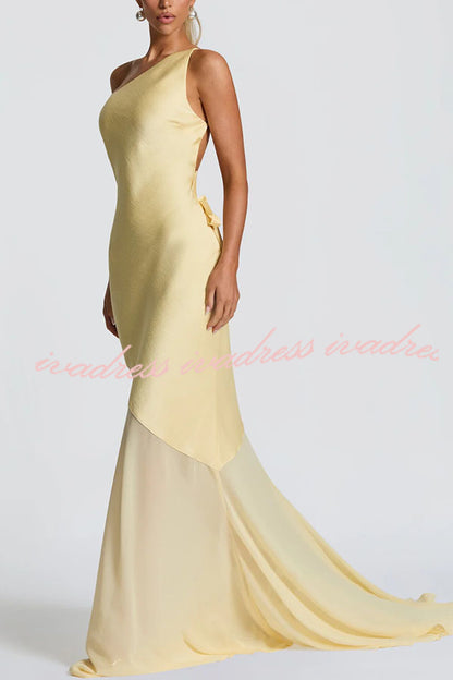 Fable Satin One Shoulder Back Adjustable Straps Contrast Chiffon Hem Maxi Dress