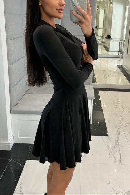 Solid Color Lapel Long Sleeve Slim Fit Waist Mini Dress