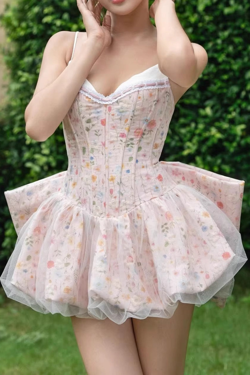 Sweetheart Corset Bodice Lace Trim Tulle Overlay Puff Skirt Bow Back Floral Mini Dress
