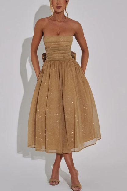 Glitter Mesh Strapless Ruched Fit-and-Flare Pocket Midi Dress
