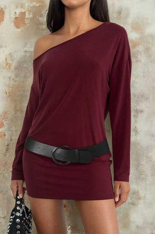 One Shoulder Long Sleeve Wide Buckle Belted Bodycon Mini Dress