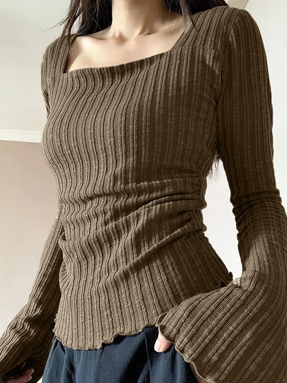 Square Neck Flare Sleeve Slim Knit
