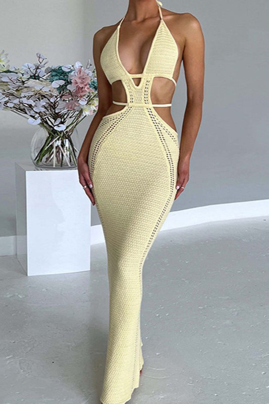 Halter Deep V Neck Crochet Knit Waist Cutout Cord Strap Bodycon Maxi Dress