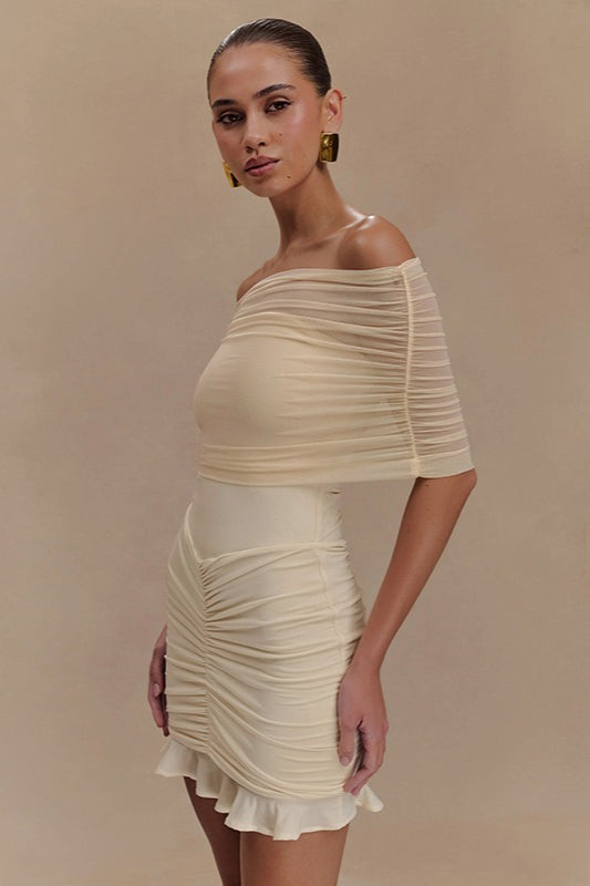 Off Shoulder Ruched Mesh Overlay Bodycon Mini Dress