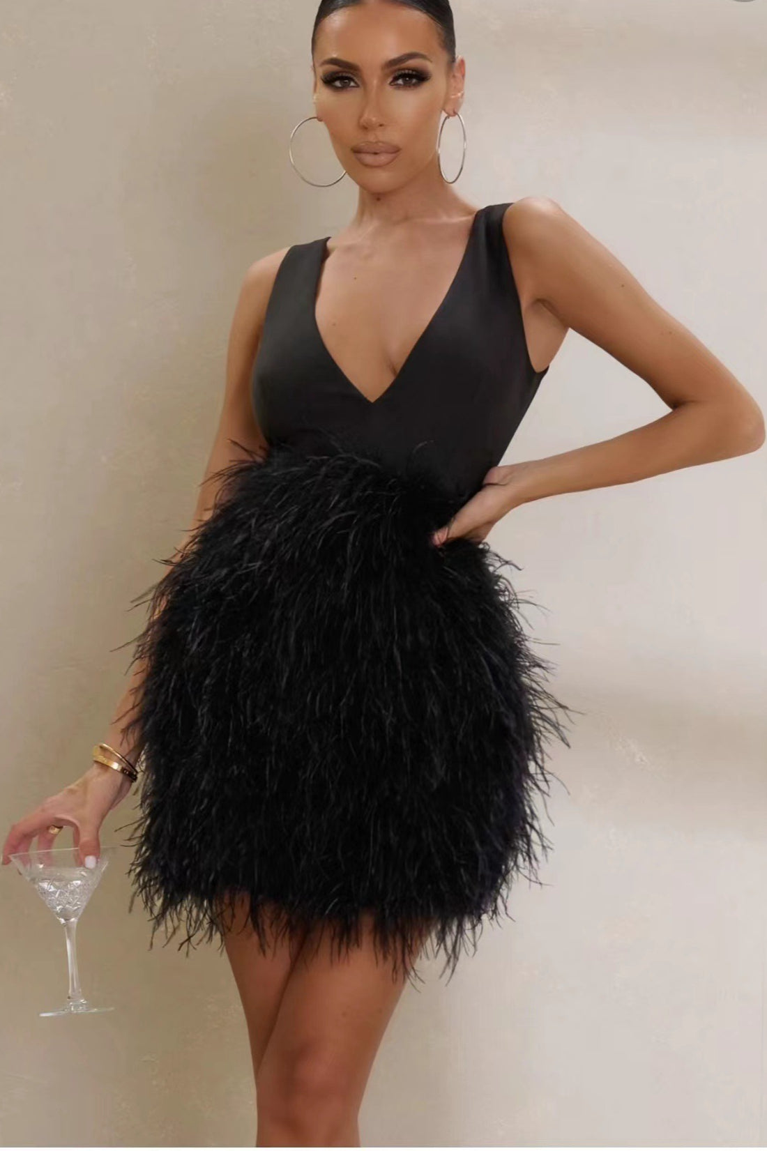 Deep V Neck Sleeveless Fitted Bodice Feather Trim Waist Mini Dress