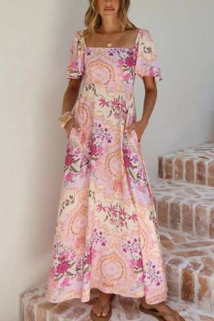 Plant Print Short-sleeved Square Neck Casual Pocket Holiday Midi Dress