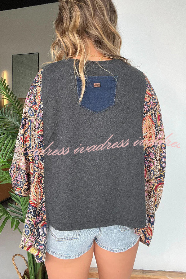 Unique Ethnic Print Batwing Sleeve Loose Top