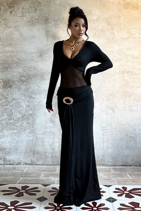Plunge V-Neck Long Sleeve Mesh Panel Metal Buckle Maxi Dress