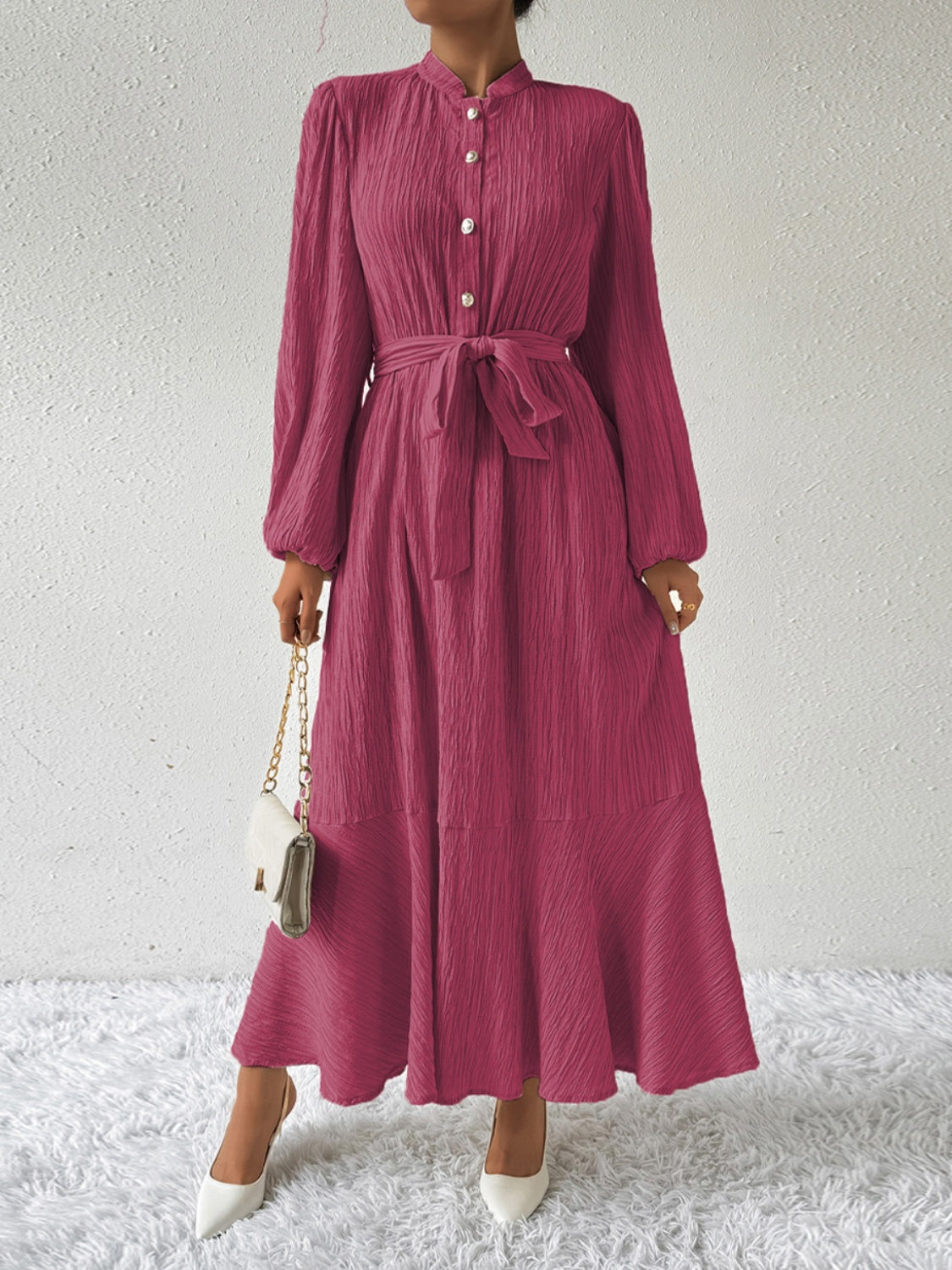 Textured Mandarin Collar Bishop Sleeve Tie Belt Tiered Maxi Dress