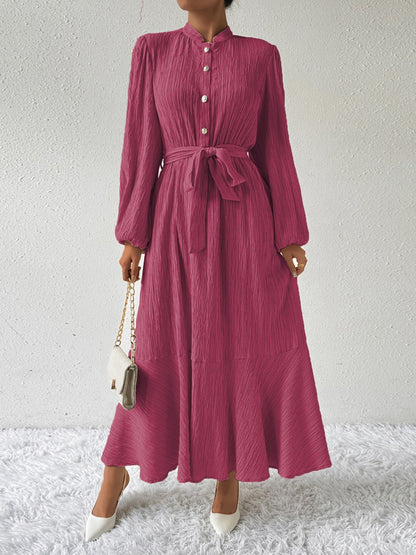 Textured Mandarin Collar Bishop Sleeve Tie Belt Tiered Maxi Dress