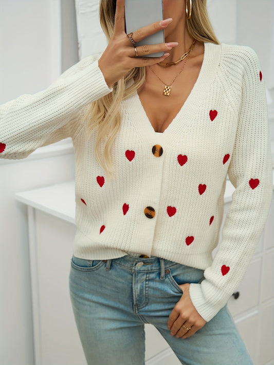 Women's V-Neck Heart Print Knit Cardigan – Button-Up Sweater