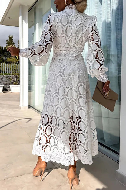 Guipure Lace Mock Neck Lantern Sleeve Scalloped Hem Hollow Out Midi Dress