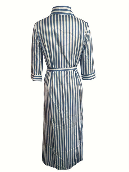 Marble Print Long Sleeve Belted Button Front Shirt Maxi Dress