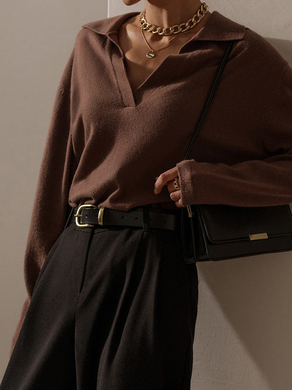 Solid Lapel Neck Knit Sweater